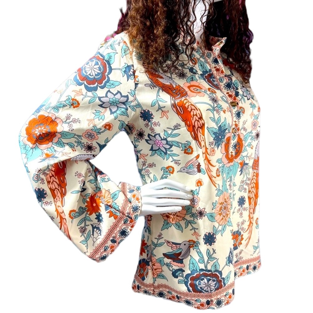 New Peacock Floral Print Long Sleeve Shirts - Picture 5 of 14